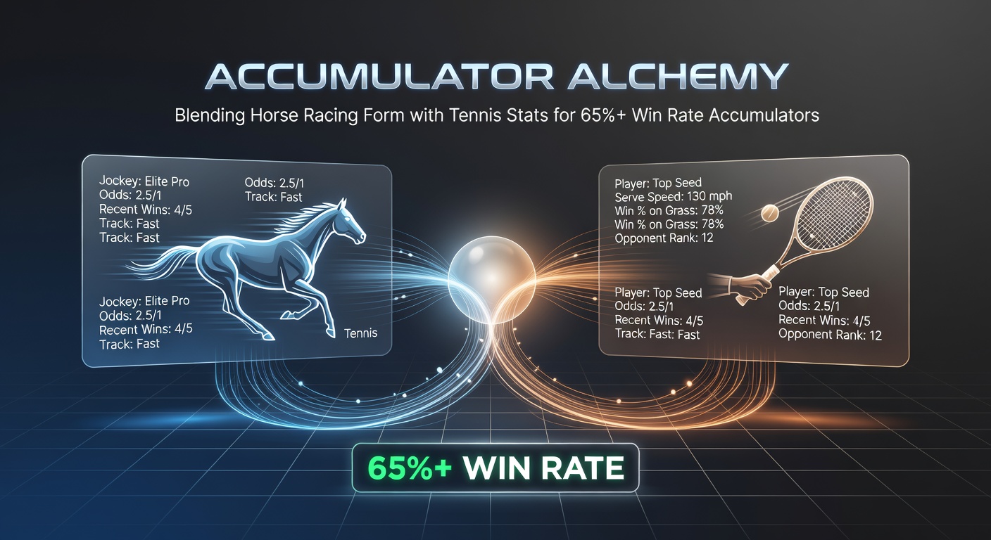 Horse racing track with overlaid tennis court stats graph, symbolizing blended accumulator betting strategies