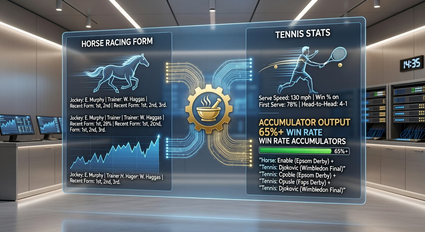 Tennis player serving on clay court with horse racing form charts superimposed, illustrating statistical crossover in accumulators