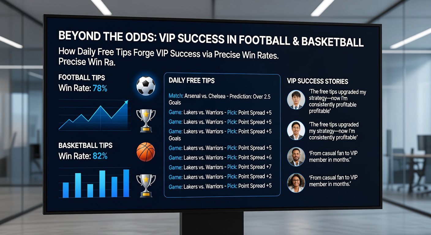 Visual representation of a bettor's dashboard tracking daily free tip win rates in football and basketball, showing graphs of progression from basic to VIP levels