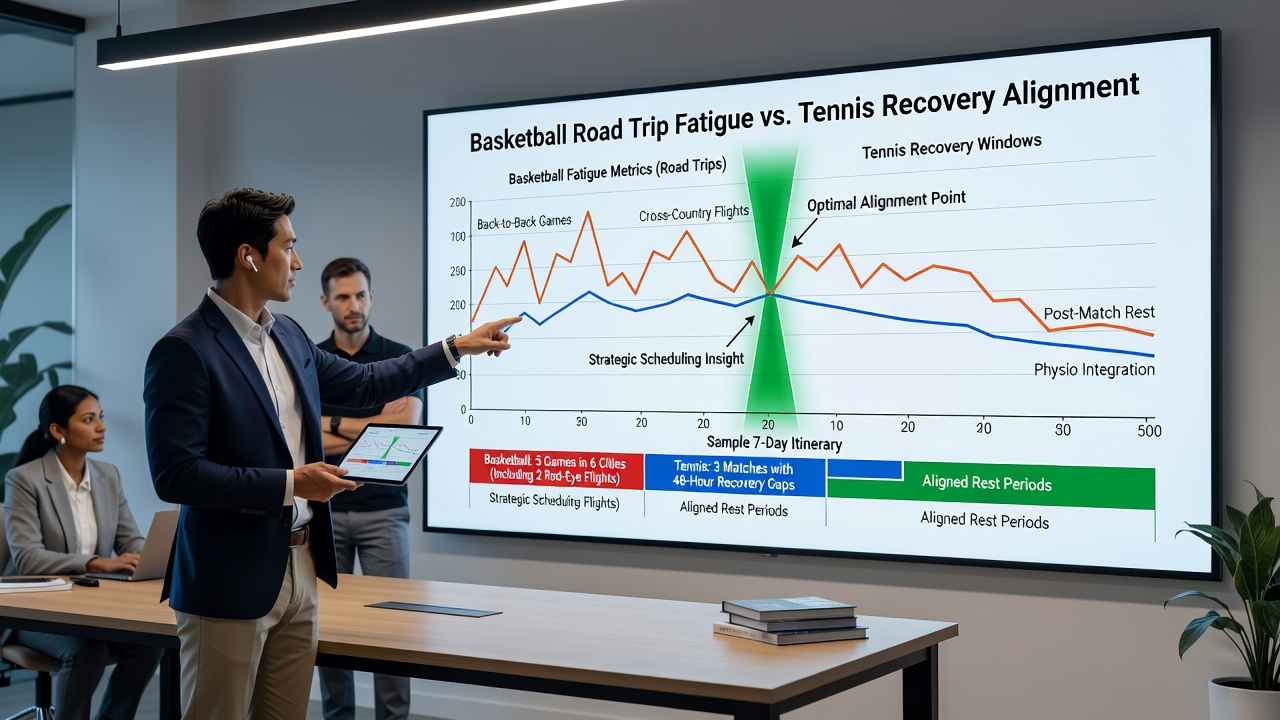Thoroughbred horses approaching the finish line with overlaid fatigue charts from basketball and tennis recovery studies