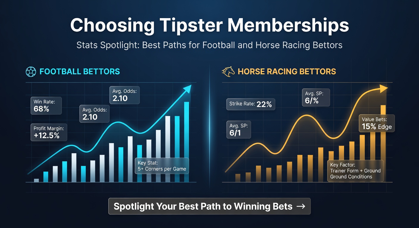 Bettors reviewing tipster performance charts on a laptop screen, highlighting win rates and ROI graphs for football matches and horse races