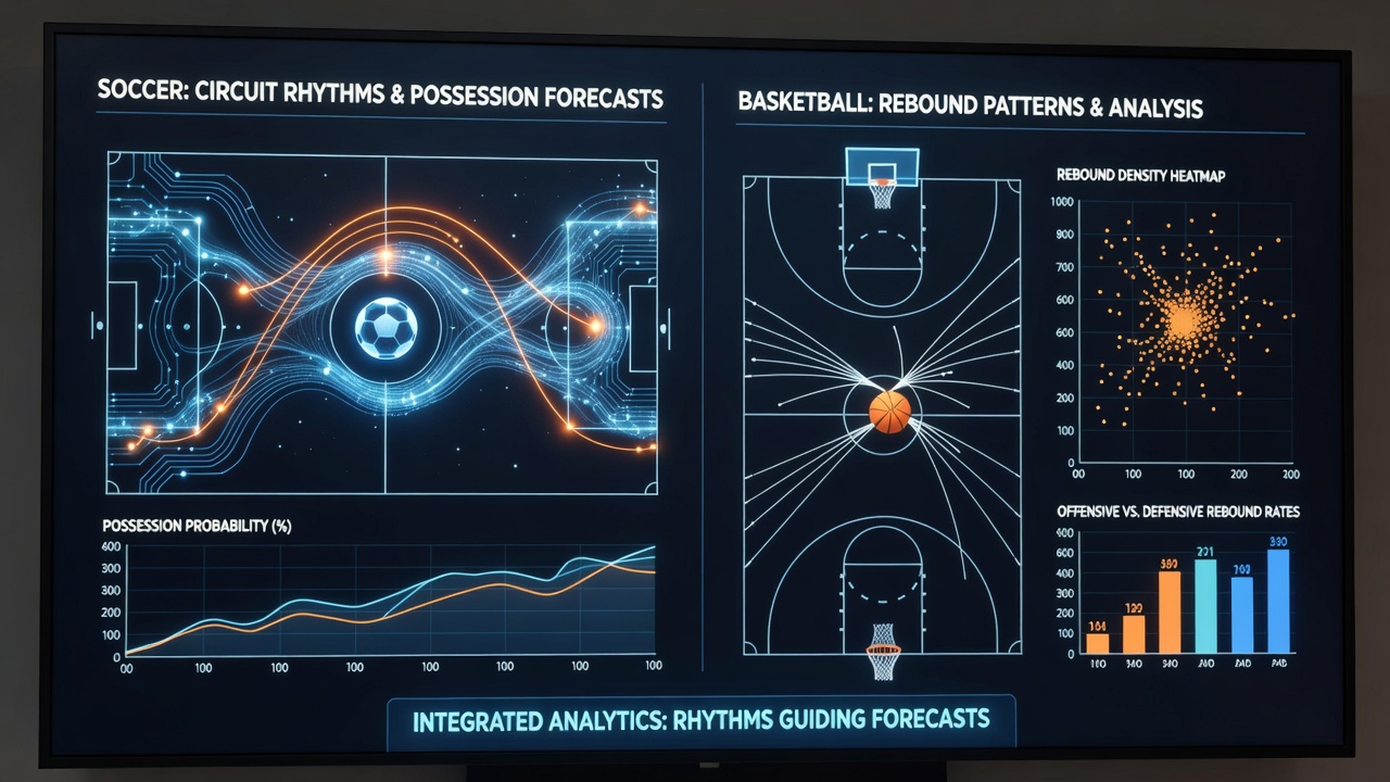 Detailed graphs comparing soccer possession cycles and basketball rebound statistics
