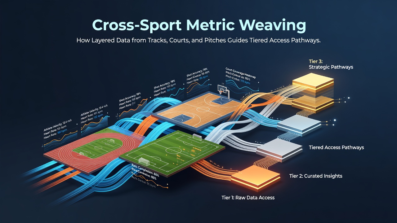 Layered data visualization showing interconnected metrics from horse racing tracks, basketball courts, and football pitches feeding into tiered access systems
