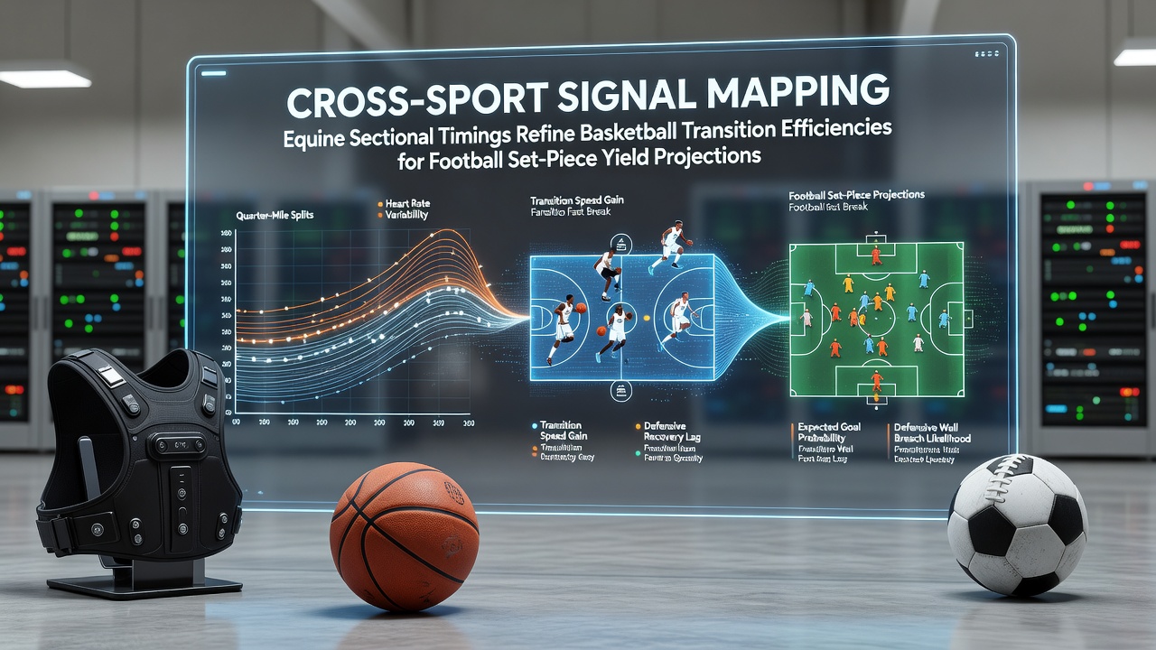 Data visualization showing equine sectional timings mapped to basketball transition metrics and football set-piece projections
