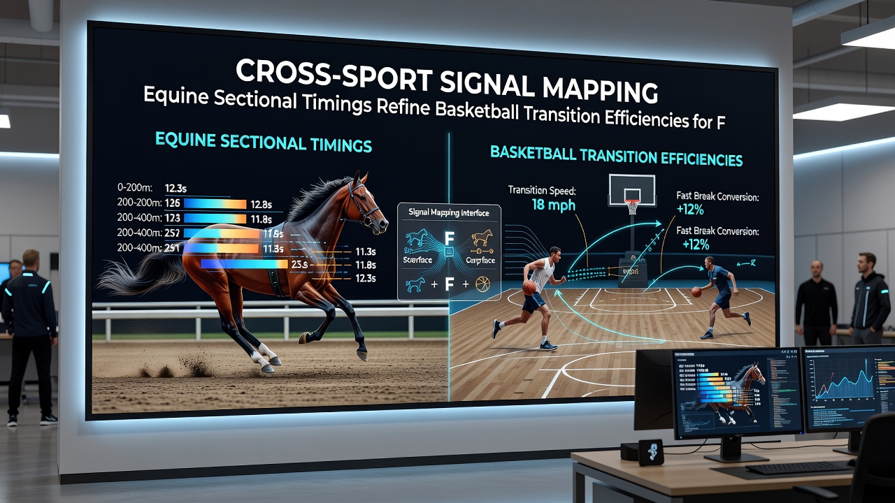 Analytical dashboard displaying mapped cross-sport metrics between equine timings, basketball transitions, and football set-piece outcomes