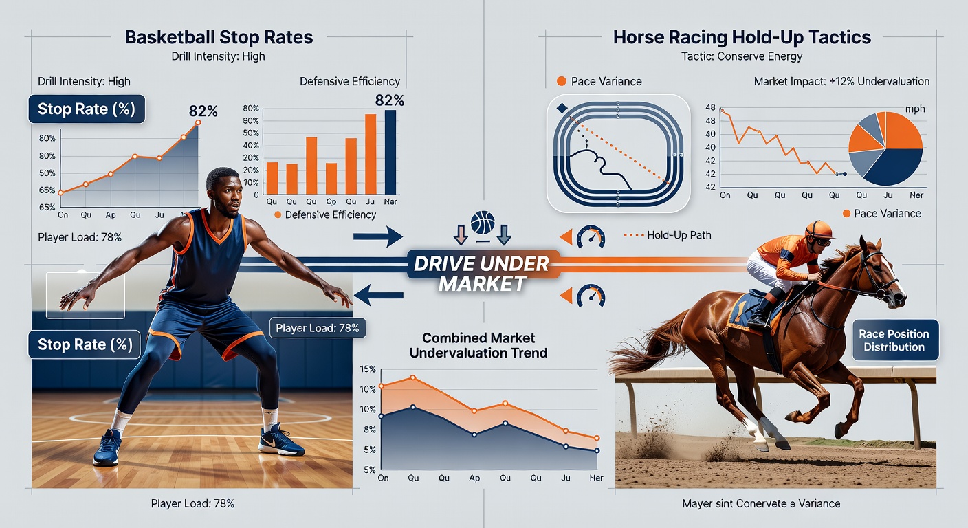 Basketball players executing a defensive stop during a fast-paced drill, with a horse racing overlay showing a hold-up runner surging late in a tight finish