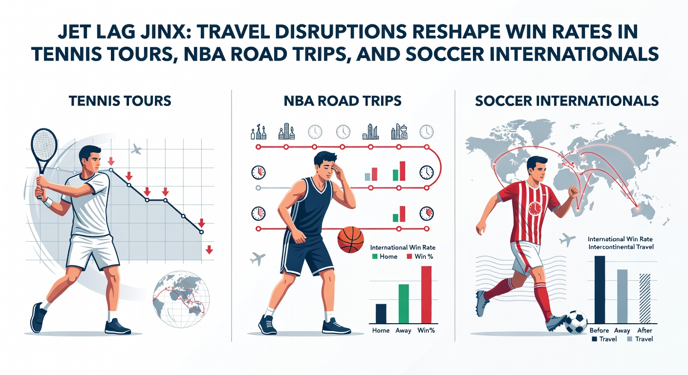 Tennis player jet-lagged on court during international tour, NBA team arriving weary from road trip, soccer internationals crossing time zones