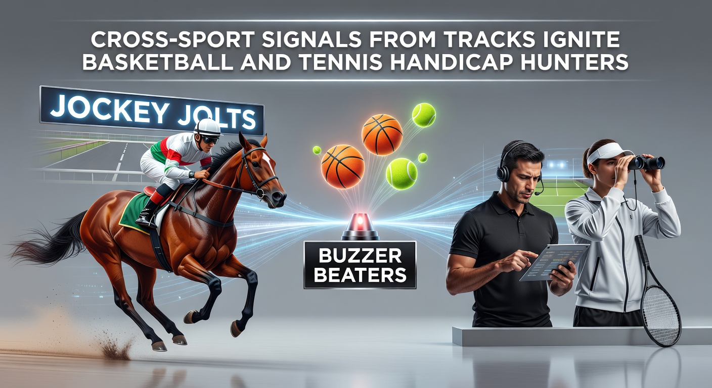 Dynamic scene of a jockey urging a horse down the final stretch at a racetrack, overlaid with a basketball buzzer-beater shot and tennis player mid-serve, symbolizing cross-sport betting signals