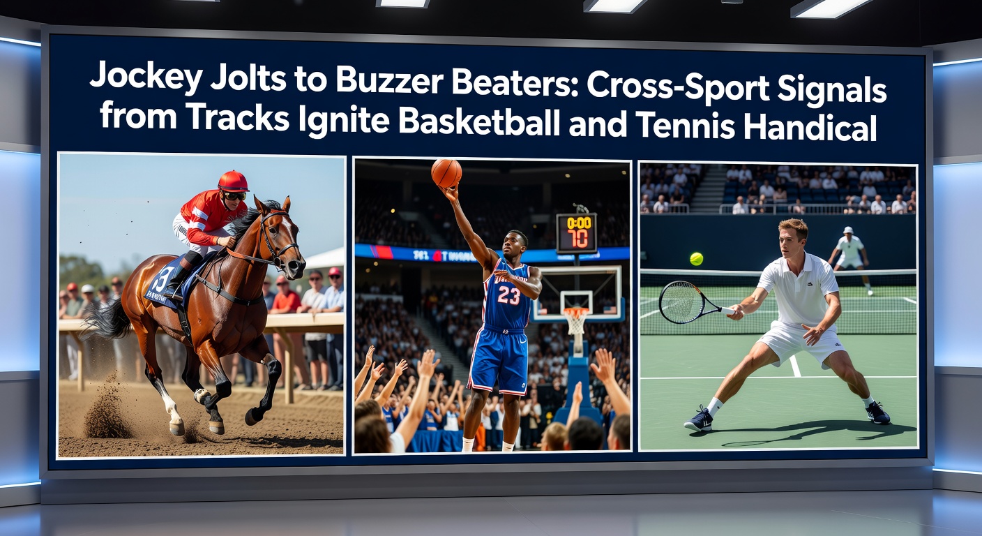 Close-up of a tennis player reacting to a crucial point in a handicap-deciding set, blended with a horse crossing the finish line neck-and-neck and a basketball player launching a game-winning shot