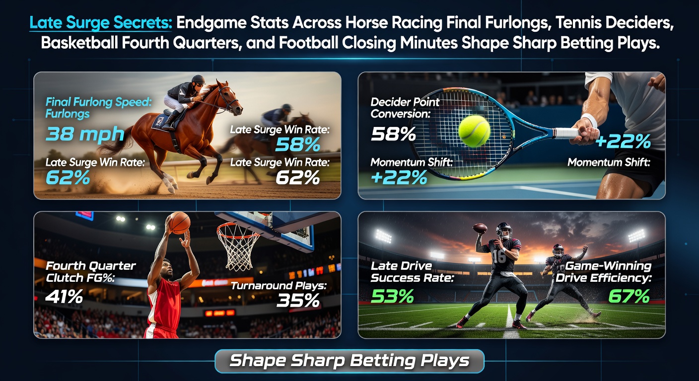 Dramatic late surge in a horse race with a field bunching up in the final furlong, highlighting endgame momentum
