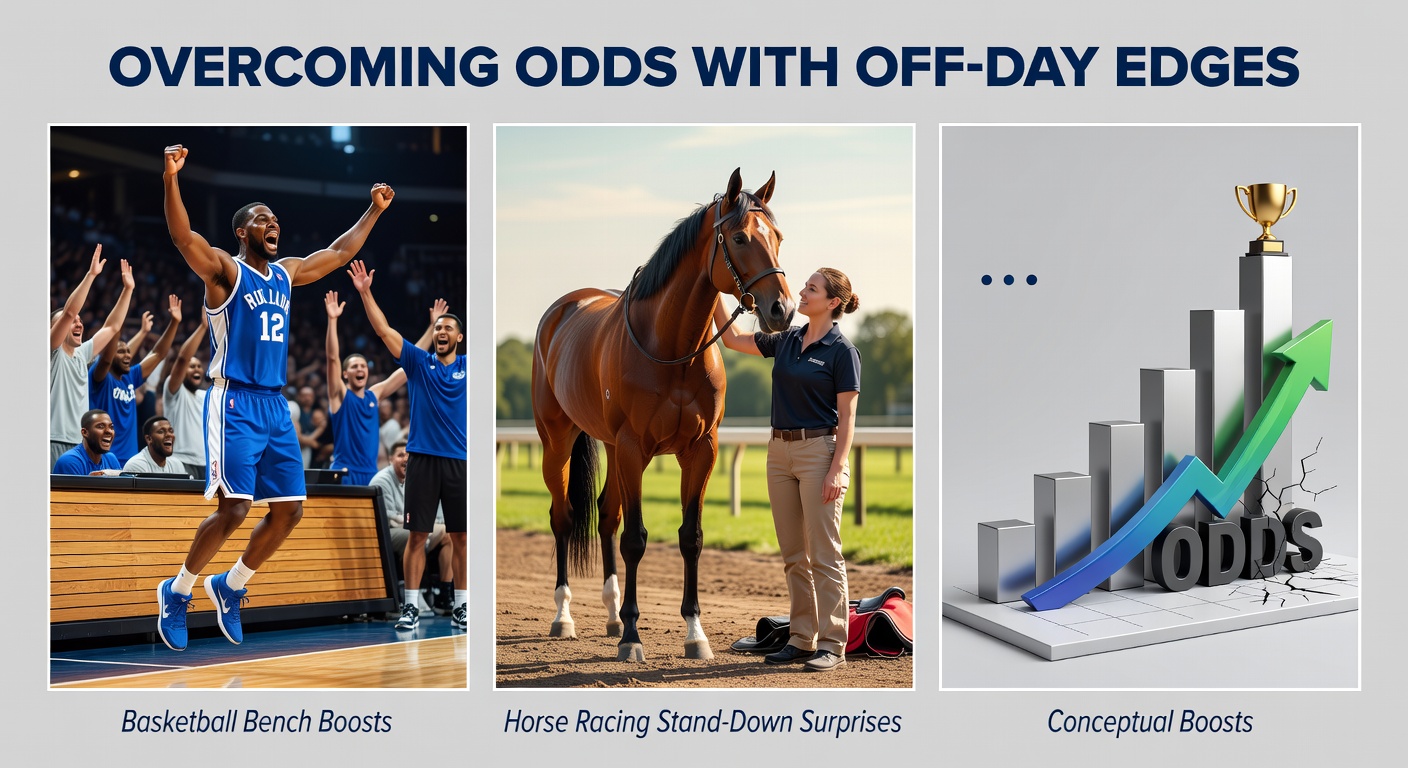 Collage of basketball bench players celebrating, a horse race with an empty stall indicating a stand-down, football squad rotation chart, and tennis player serving on clay court during April matches