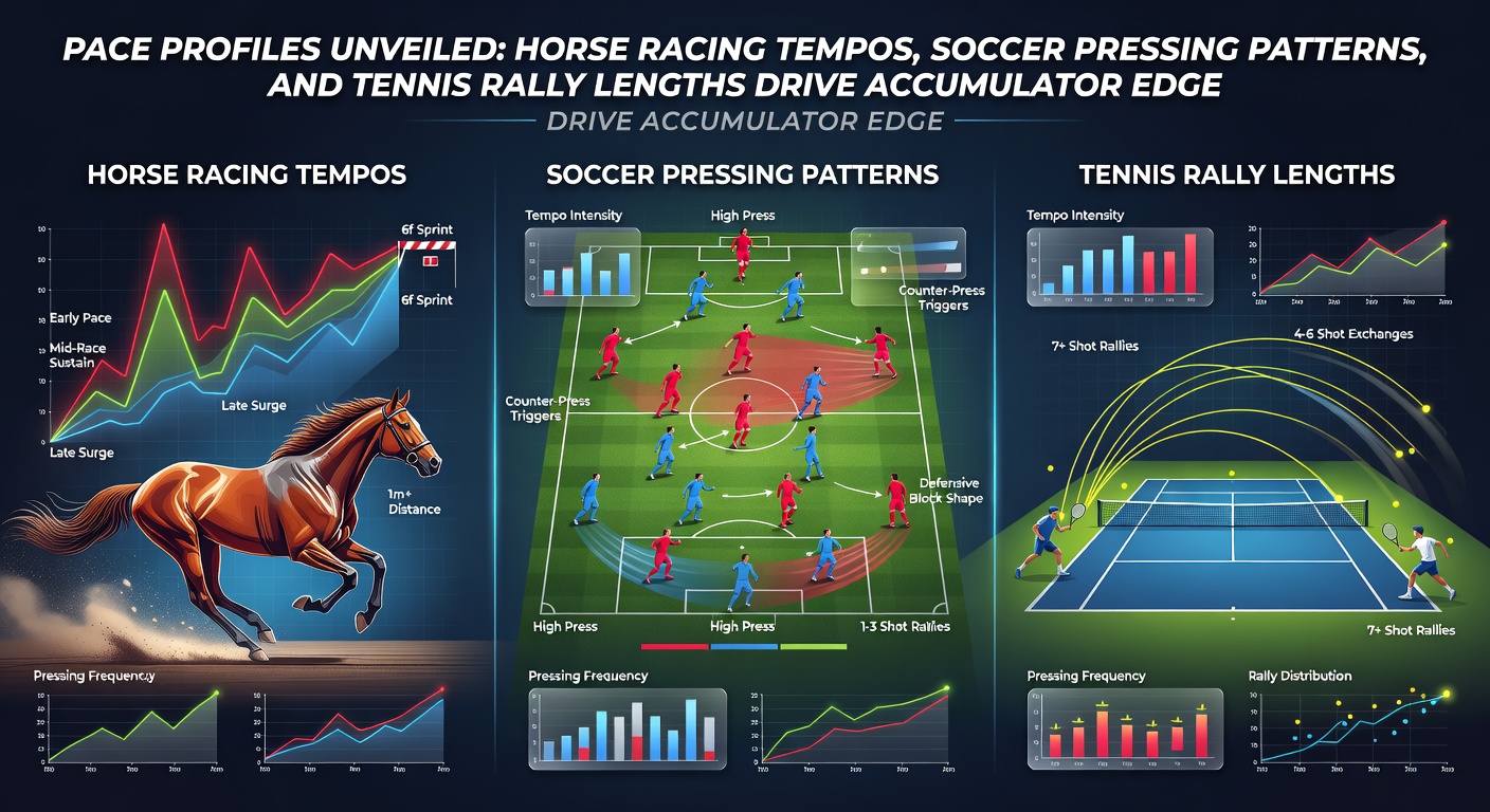 Dynamic visualization of horse racing pace maps overlaid with soccer pressing intensity heatmaps and tennis rally length distributions, highlighting cross-sport betting patterns