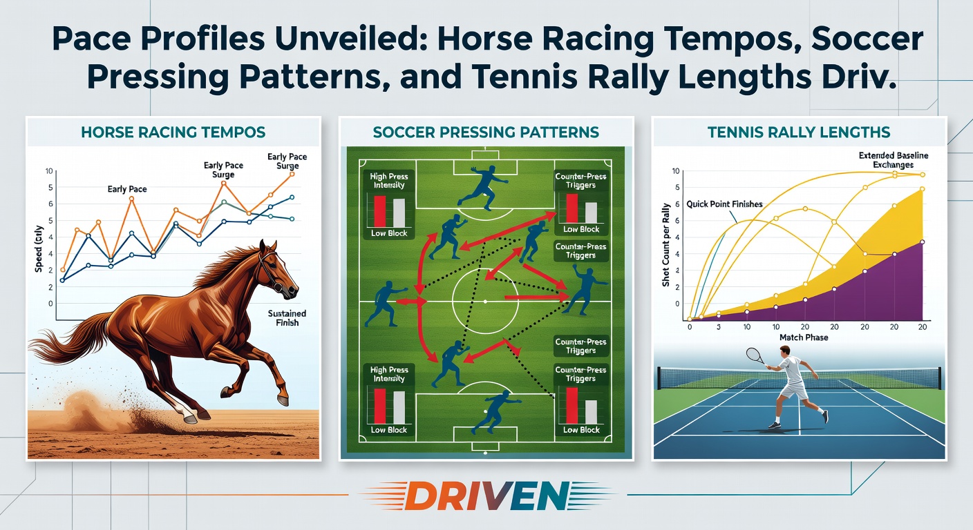 Split infographic showing tennis player rally length averages, soccer team pressing zones, and horse pace position graphs for accumulator modeling