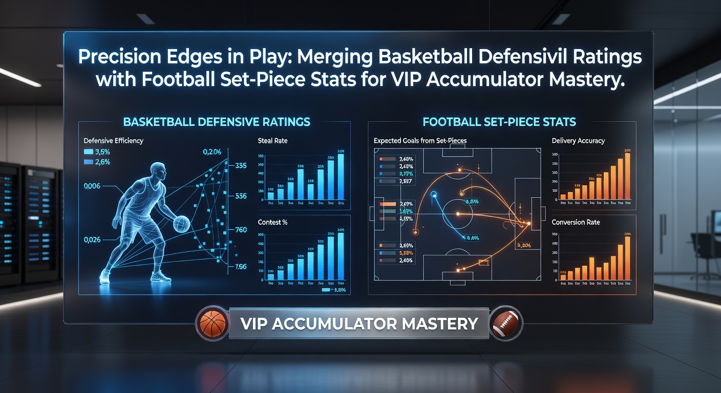 Dynamic overlay of basketball defenders clashing with football set-piece action, highlighting statistical precision in betting accumulators