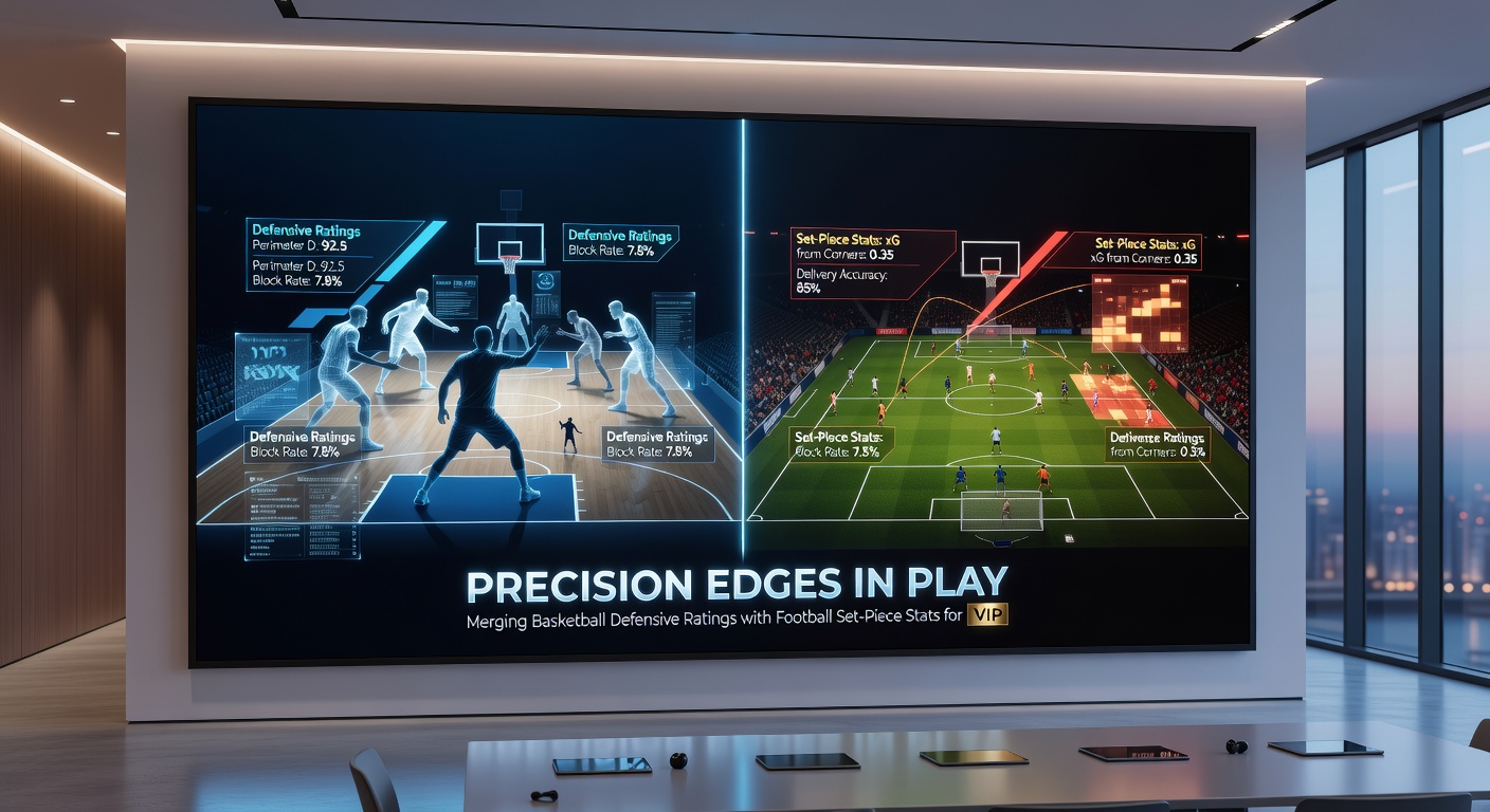 Close-up analysis charts merging NBA defensive ratings graphs with football set-piece conversion funnels for betting insights
