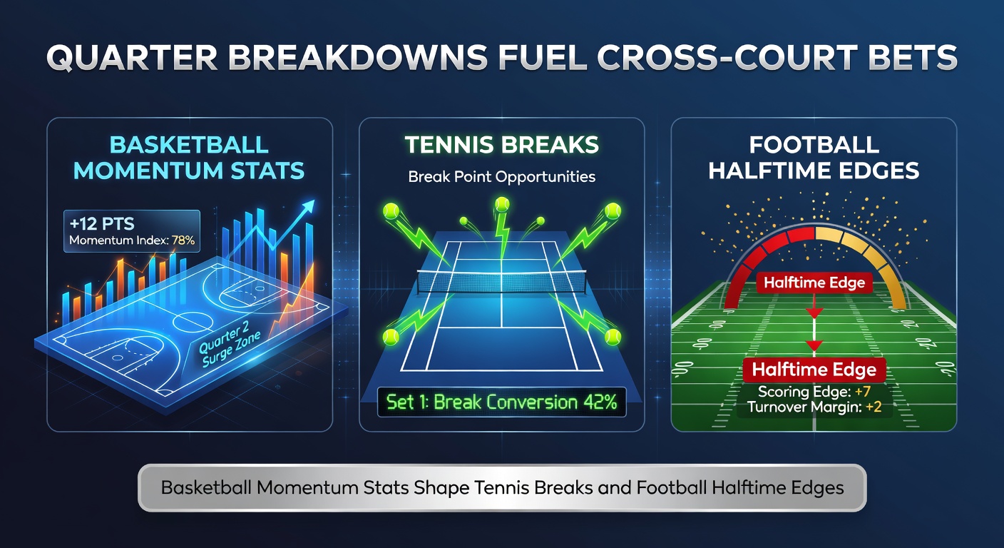 Dynamic overlay of a basketball quarter clock merging into tennis serve breaks and football halftime whistle, illustrating cross-sport momentum patterns