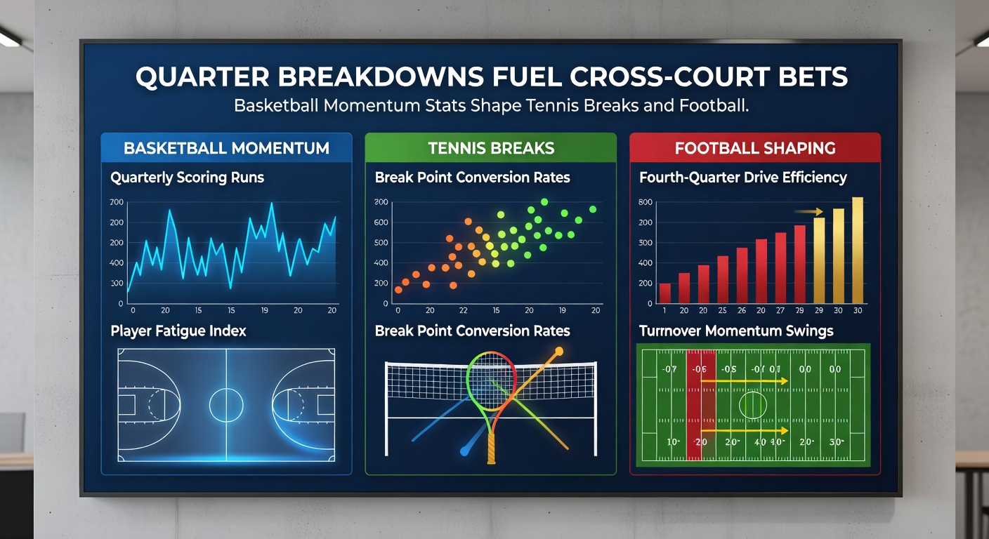 Split-view graphic showing NBA quarter momentum graph aligned with tennis break points and football halftime scorelines for predictive betting overlays