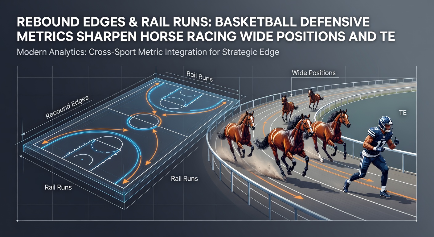 Tennis player executing a strong return game overlaid with basketball defensive stats charts and a horse racing wide-position diagram
