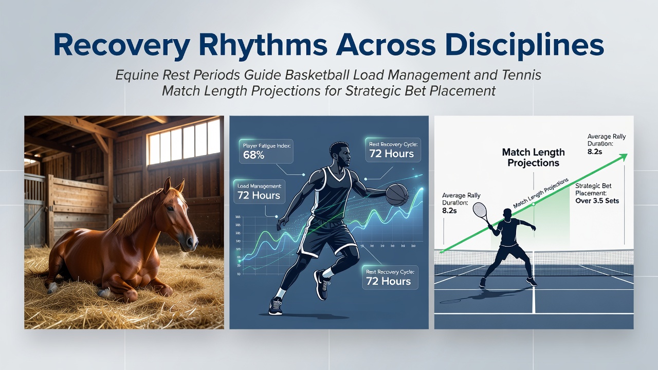 Equine athletes resting in paddocks alongside basketball players monitoring recovery metrics and tennis courts showing extended match durations