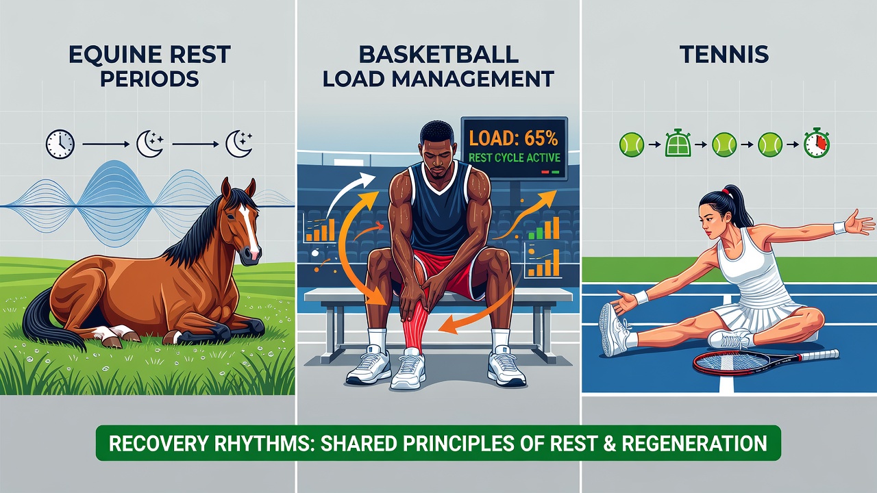 Detailed view of recovery tracking devices used across equine, basketball, and tennis environments with overlaid performance graphs