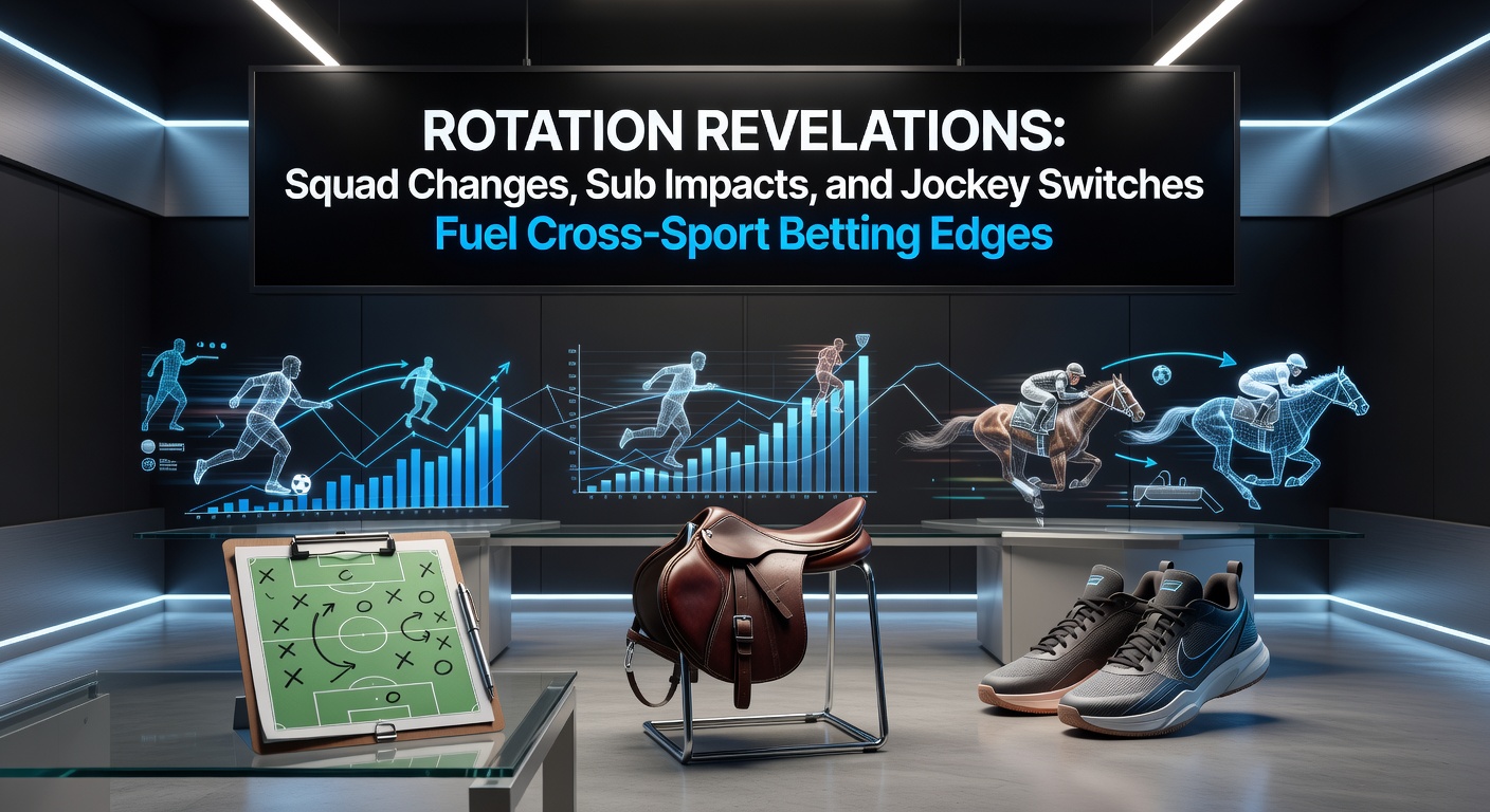 Dynamic graphic showing a soccer squad rotation morphing into a horse racing jockey switch and basketball bench impact, highlighting betting edges across sports