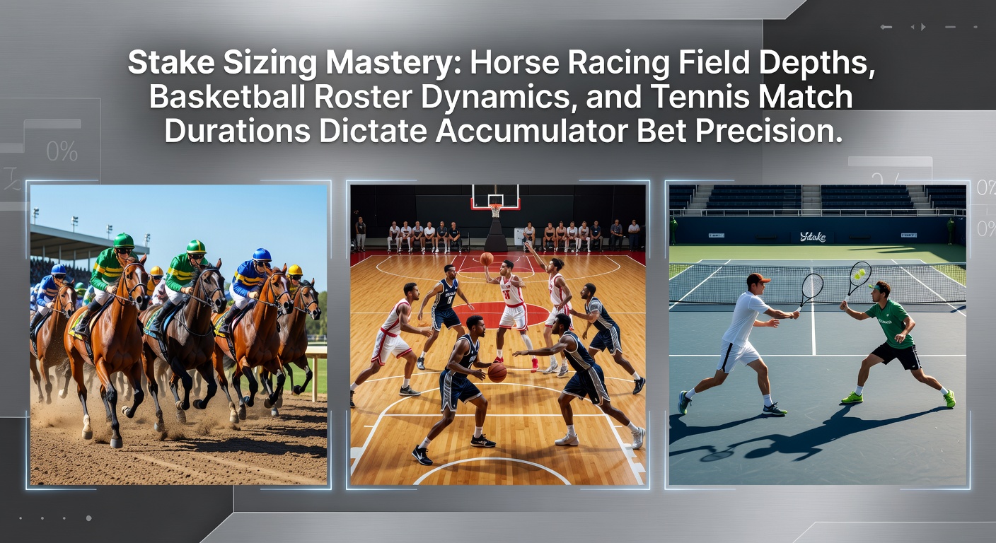 Horse racing field at the start, basketball players in action, and tennis match on clay court illustrating variable bet factors