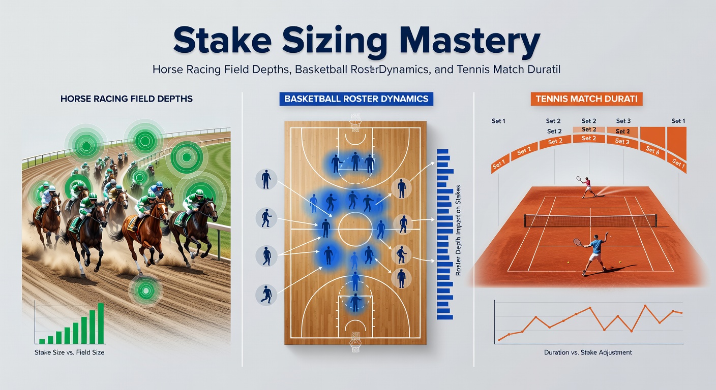Data charts overlaying horse field sizes, basketball depth charts, and tennis set timelines for stake adjustment visuals