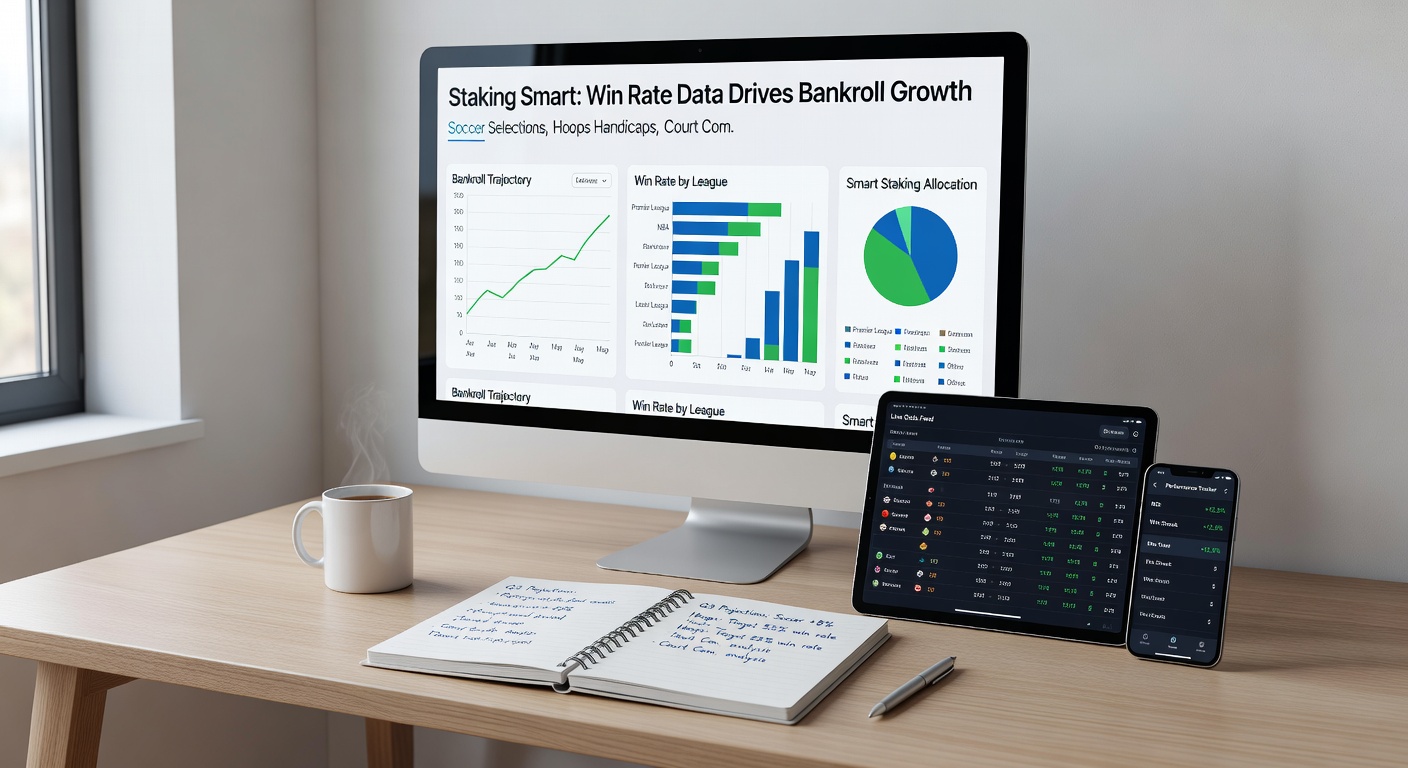 Infographic comparing win rate staking outcomes in soccer, basketball, tennis, and horse racing over a 12-month period