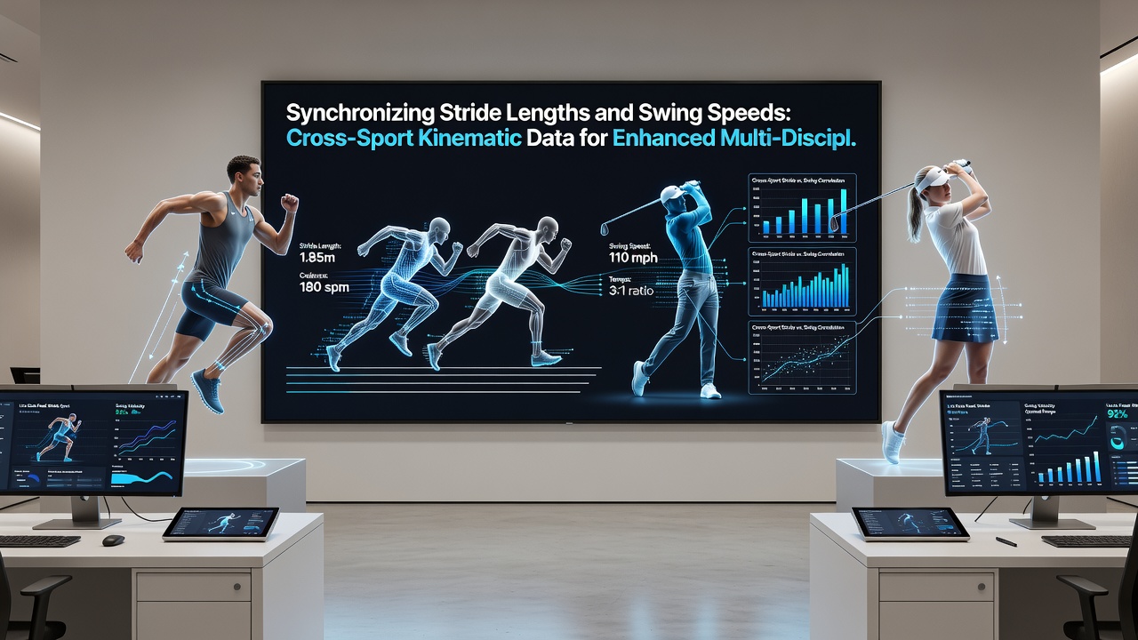 Cross-sport kinematic analysis dashboard displaying synchronized stride and swing metrics