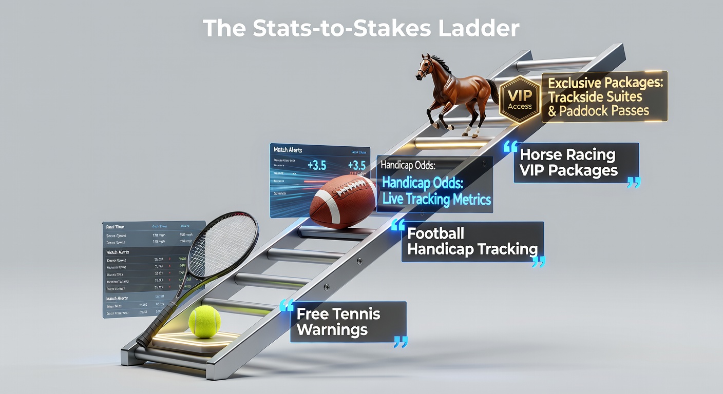 Tennis court action with overlaid stats graphs transitioning to football pitch and horse racing track, illustrating the betting progression ladder