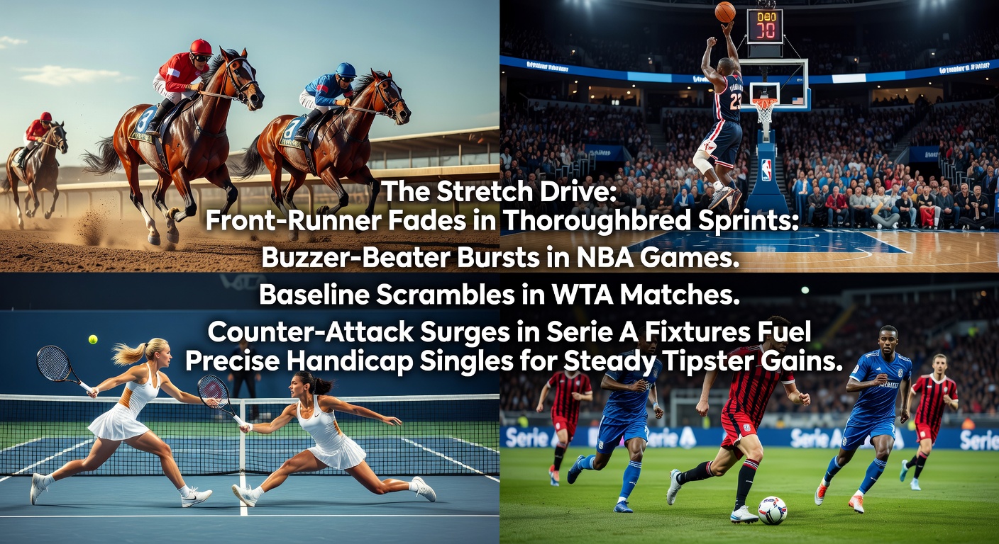 A thoroughbred horse surges ahead in the final stretch of a sprint race, illustrating the classic front-runner fade and late charge