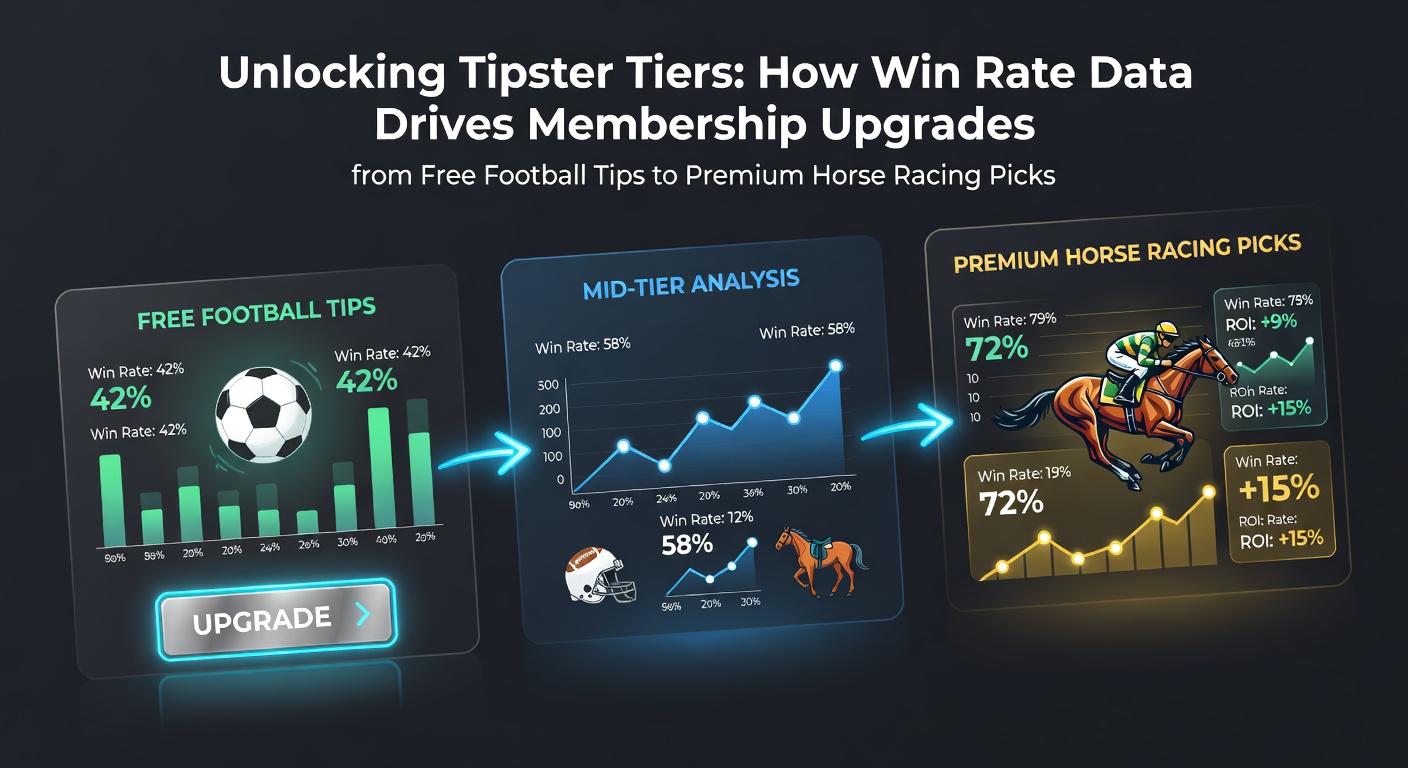Graph showing escalating win rates from free football tips to premium horse racing selections, with tiered membership icons highlighting upgrade paths