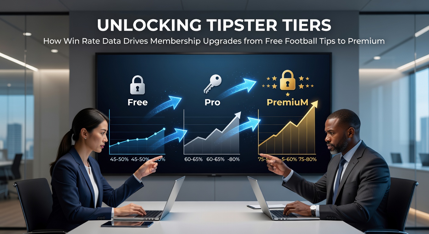 Dashboard screenshot displaying tiered win rate progression, from free football accumulators at 57% to premium horse racing tricasts reaching 71%, with upgrade button highlighted