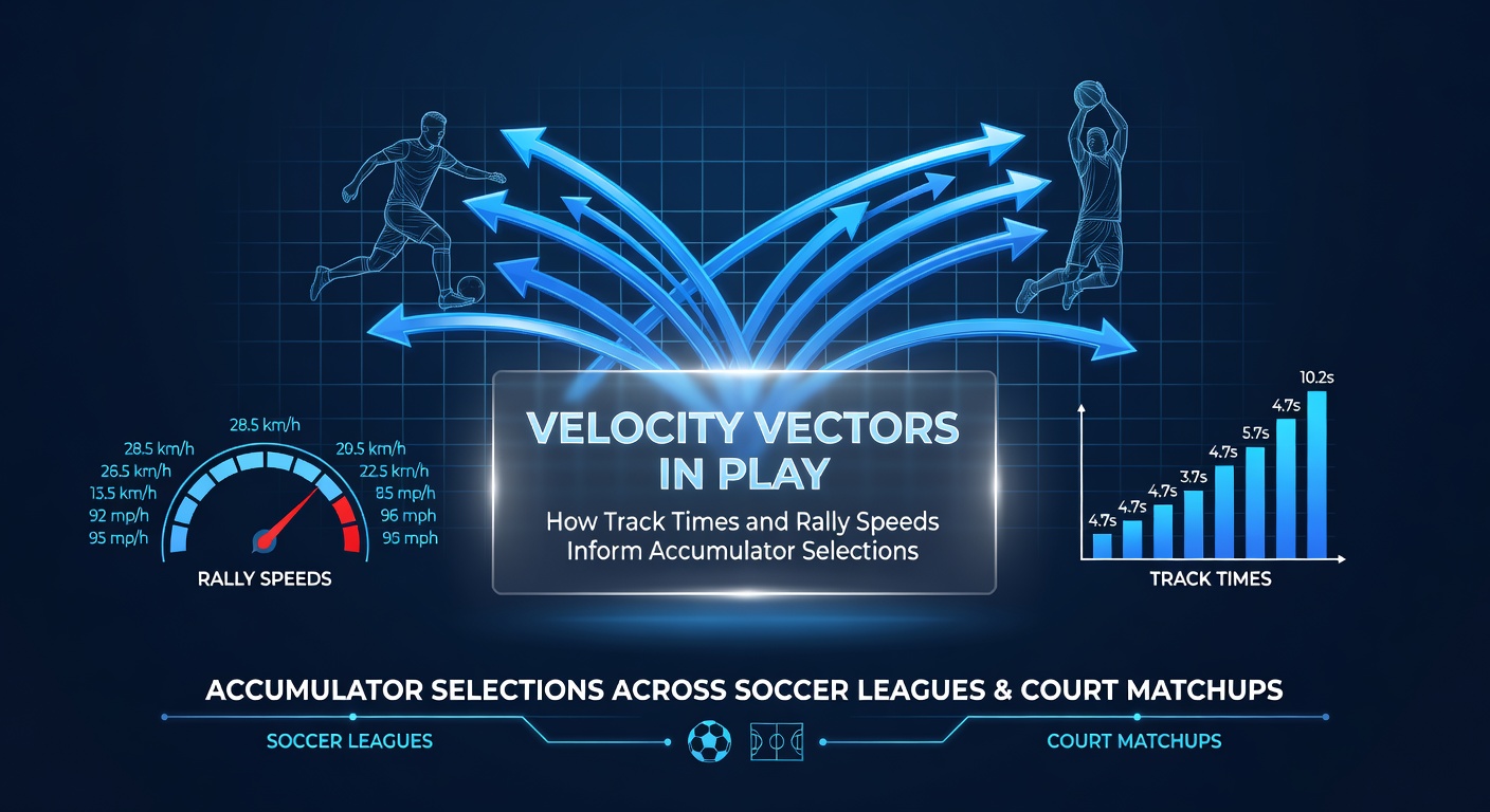 Diagram illustrating velocity vectors derived from horse racing track times and tennis rally speeds overlaid on soccer pitch and basketball court layouts for accumulator analysis