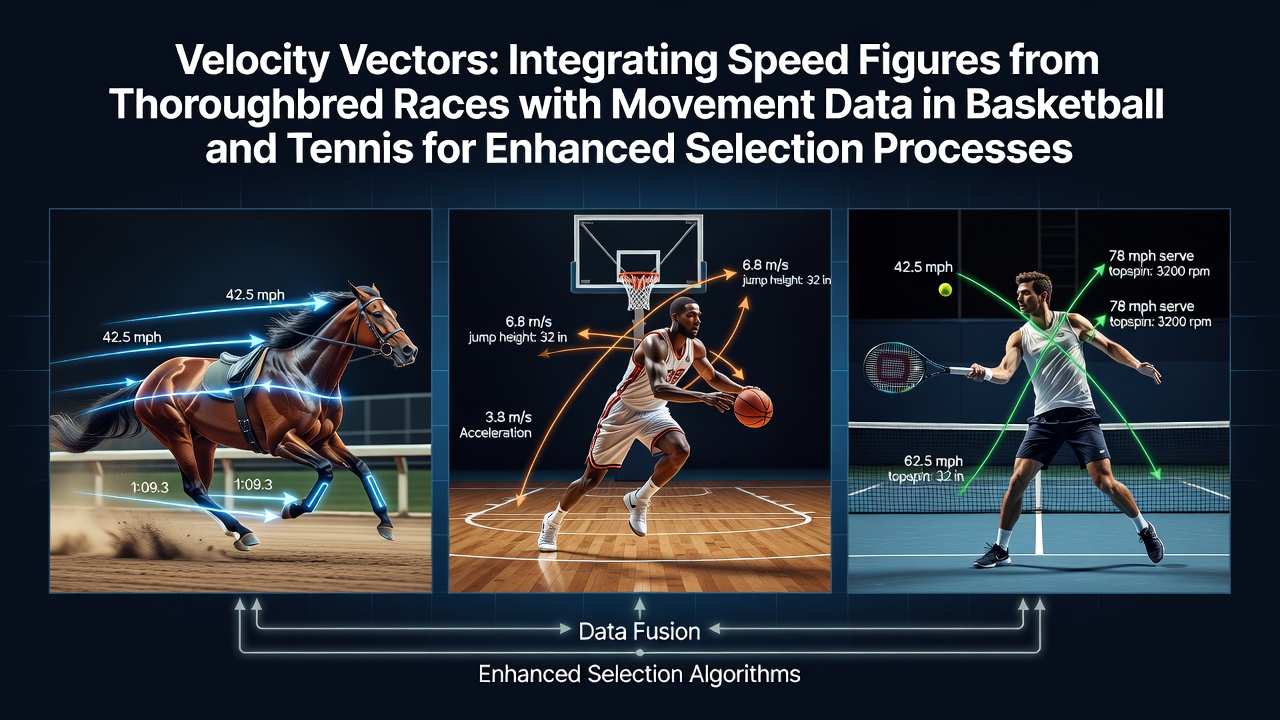 Graphical representation of velocity vectors overlaying thoroughbred racing speed figures with basketball player tracking paths and tennis court movement data