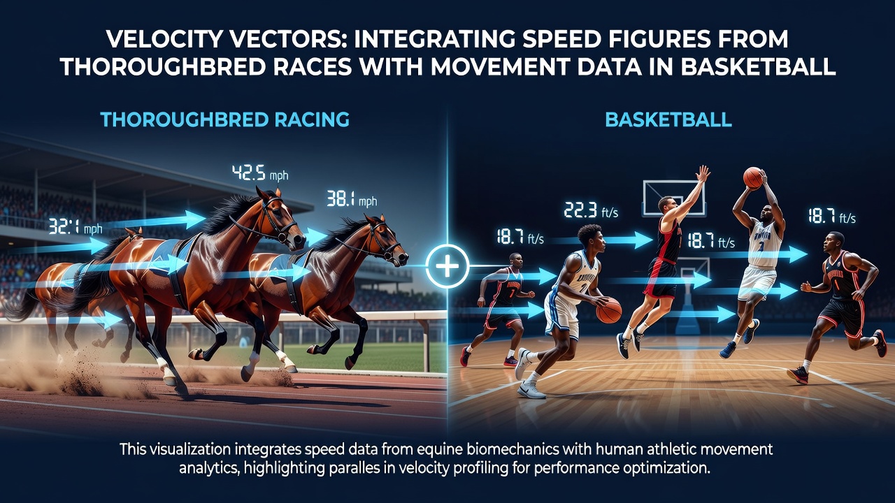 Side-by-side comparison charts showing velocity vector overlays for a thoroughbred stretch run, a basketball fast-break sequence, and a tennis baseline rally